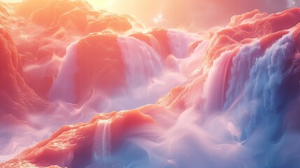 Surreal landscape with waterfalls bathed in warm sunlight - obrazy, fototapety, plakaty