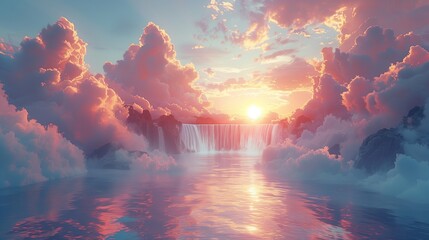 Ethereal waterfalls cascading down mystical pink cliffs - obrazy, fototapety, plakaty