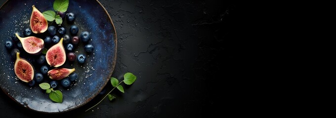 Elegant dessert plating of ripe figs and blueberries with green leaves, blank space for copy text or product - Powered by Adobe