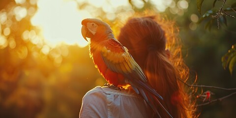 A parrot perched on a person shoulder, symbolizing the unique connection between humans and birds , concept of Avian companionship
