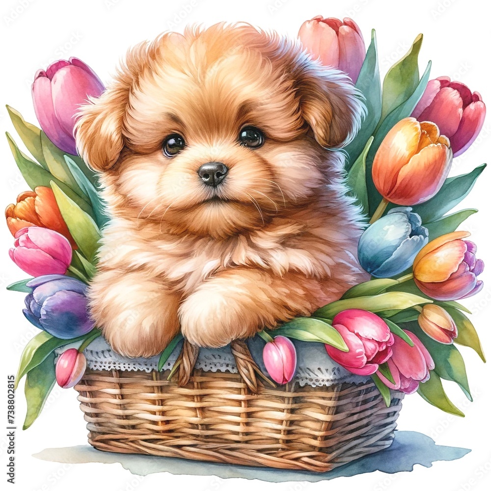 Aufkleber whimsical puppy with tulips watercolor illustration created with generative ai technology
