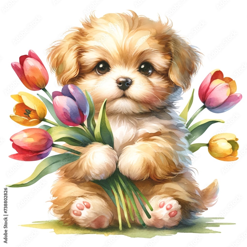 Aufkleber Whimsical puppy with tulips watercolor illustration created with Generative AI technology