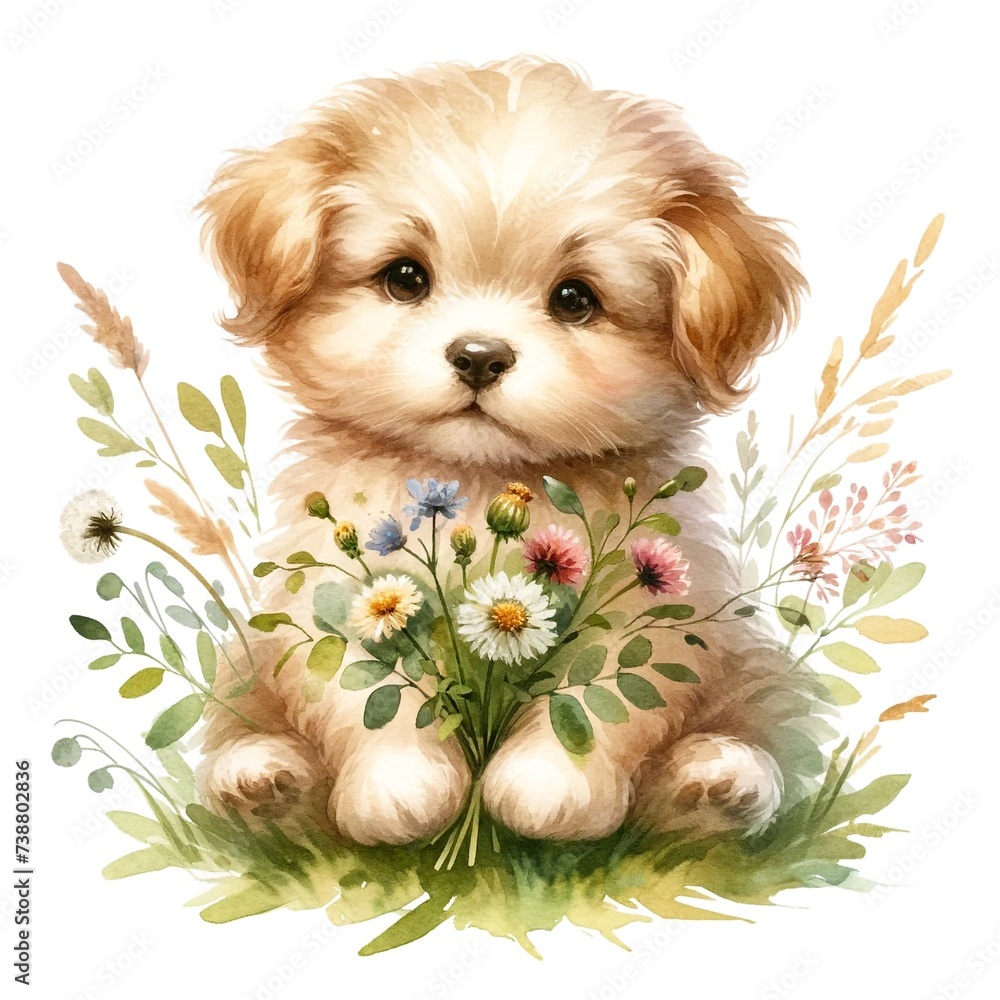 Poster whimsical puppy with flowers watercolor illustration created with generative ai technology