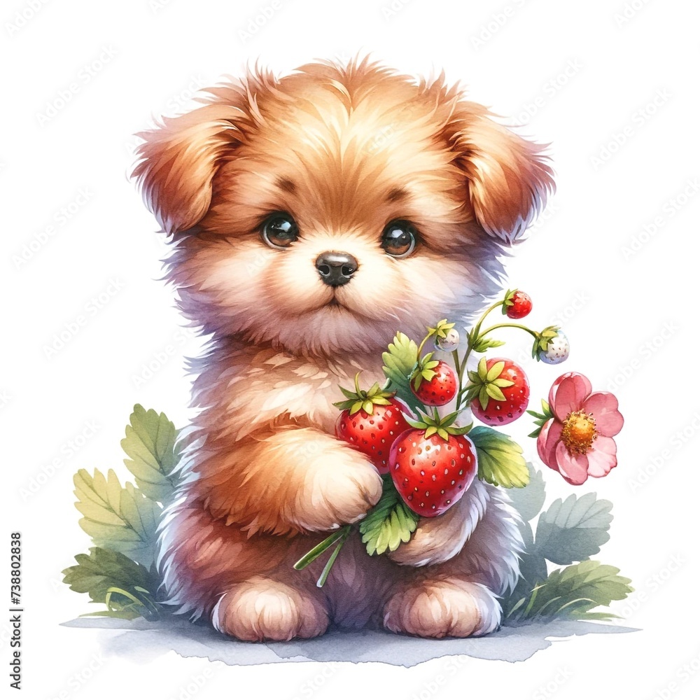Poster whimsical puppy with flowers watercolor illustration created with generative ai technology