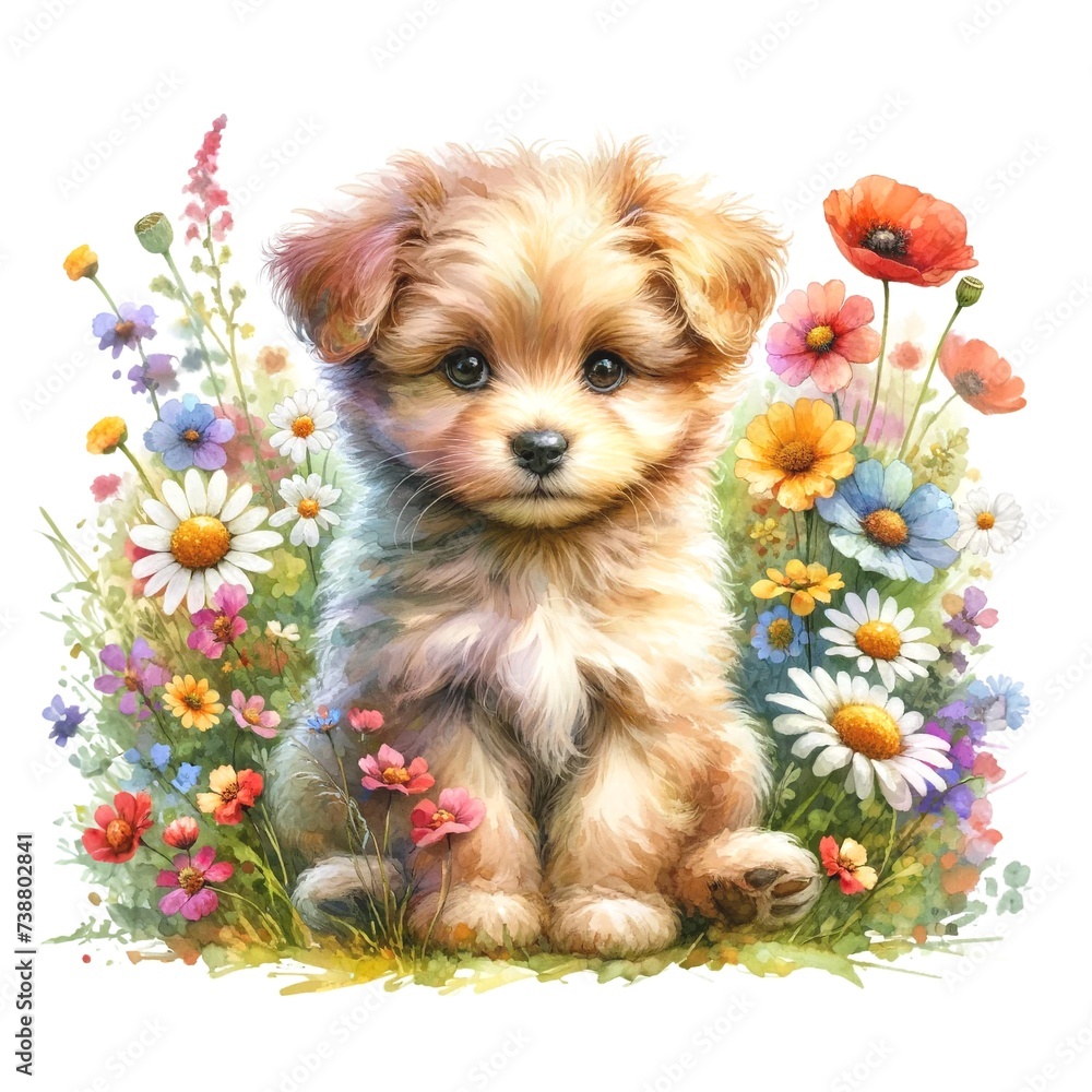 Poster whimsical puppy with flowers watercolor illustration created with generative ai technology