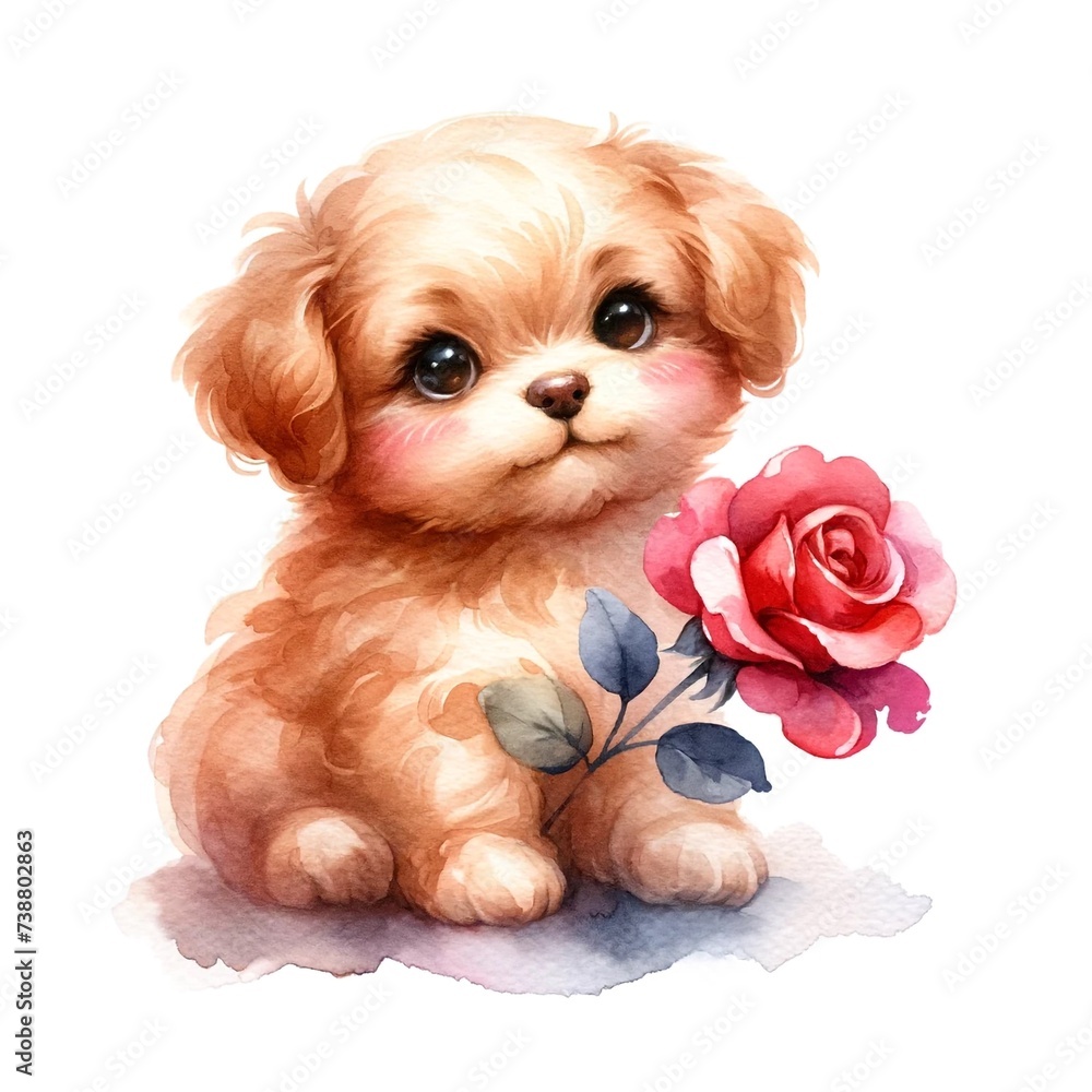 Poster whimsical puppy with rose watercolor illustration created with generative ai technology