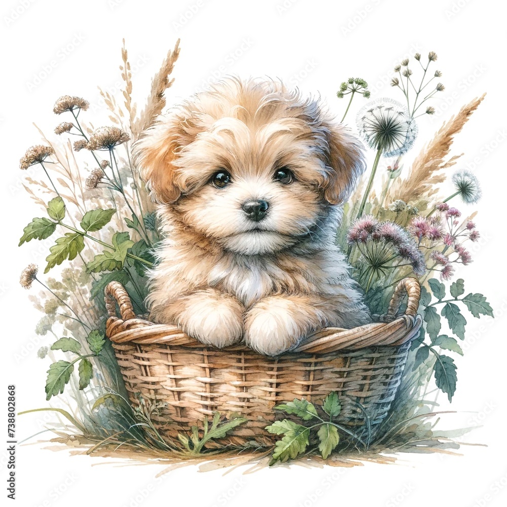 Poster whimsical puppy with flowers watercolor illustration created with generative ai technology
