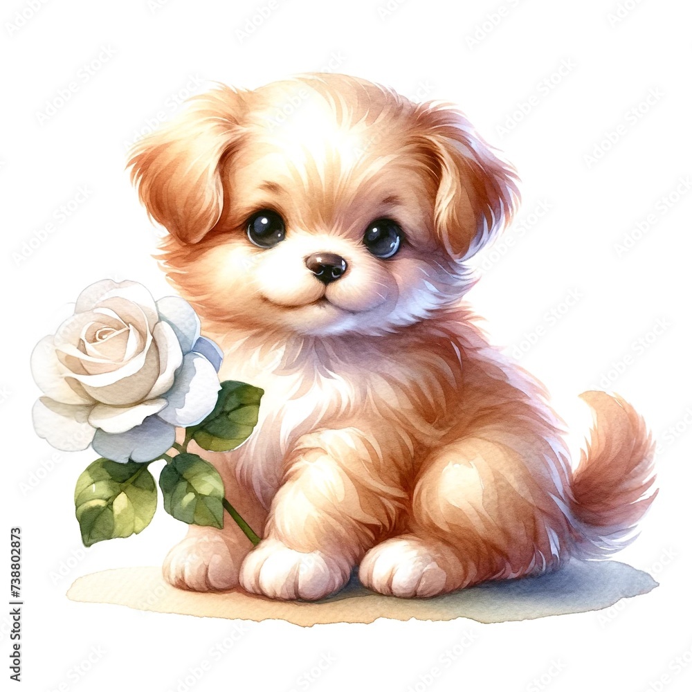 Poster whimsical puppy with rose watercolor illustration created with generative ai technology