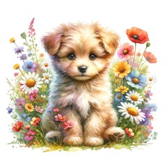 Whimsical puppy with flowers watercolor illustration created with Generative AI technology