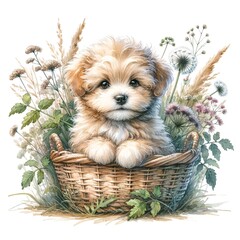 Whimsical puppy with flowers watercolor illustration created with Generative AI technology