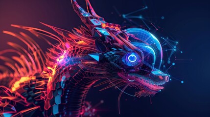 Join the futuristic blend of trendy neon geometry and robotics featuring dragons and Siamese fighting fish in a dynamic VR fitness flyer - obrazy, fototapety, plakaty