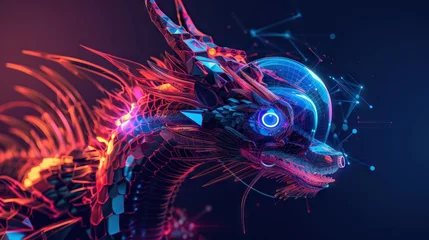 Foto op Plexiglas Join the futuristic blend of trendy neon geometry and robotics featuring dragons and Siamese fighting fish in a dynamic VR fitness flyer © BOMB8