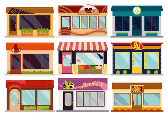 Facades stores or shops exteriors. Pharmacy or bistro cafe, retail. Street business buildings fronts isolated on white background. Colorful illustration in cartoon flat style - obrazy, fototapety, plakaty