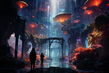 a man and a woman are standing in a cave surrounded by mushrooms - obrazy, fototapety, plakaty