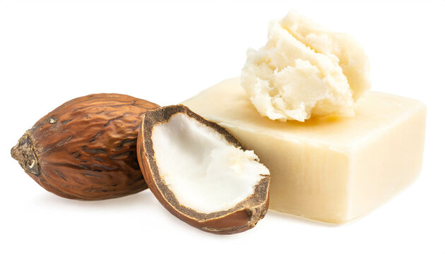 Sheabutter und Sheanuss isoliert auf wei&szlig;em Hintergrund,Freisteller 