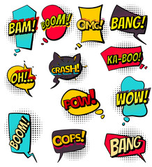 Comic colored hand drawn speech bubbles. Set retro cartoon stickers. Funny design items illustration. Comic text WOW, boom, bang collection sound effects in pop art style - obrazy, fototapety, plakaty