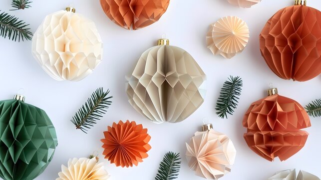 Scandinavian christmas paper honeycomb ornaments in the box and gifts. Modern sustainable christmas decoration, minimalist and plastic free. Top view, flat lay
