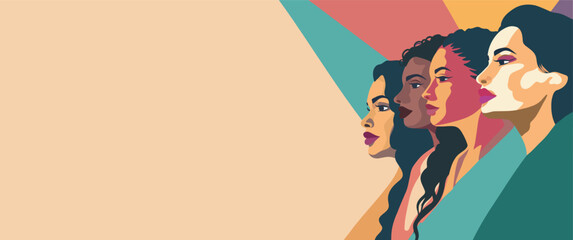 Flat vector horizontal banner for Women's Day, women of different cultures and nationalities stand side by side. Concept of the movement for gender equality and women's empowerment