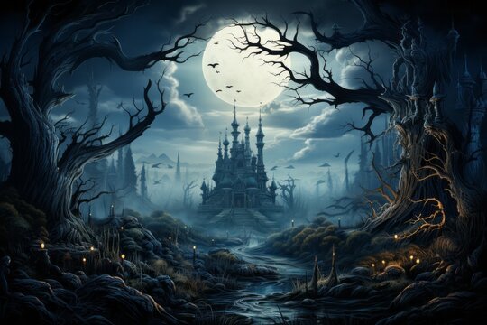 A castle surrounded by a dark forest under a full moon in the sky
