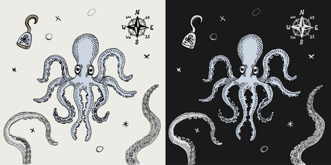 octopus kraken ink pen illustration retro old vintage vector illustration realistic sketch © CHEESEBURGER