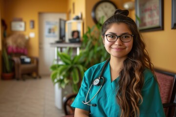 Young hispanic nurse in scrubs at a nursing home