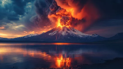 Wall murals Reflection A dramatic volcanic eruption with fiery lava and smoke against a twilight sky, reflected in the waters of a tranquil lake.