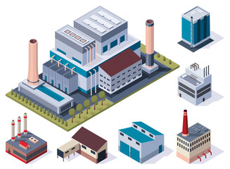 Collection of factory isometric. Architecture of manufactures building. Concept of industrial working plants with chimney tower or pipes. 3d isolated icons set