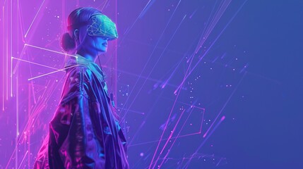 Craft a banner showcasing a fashion shoot illuminated by purple cyberpunk neon integrating elements of game and entertainment on blue