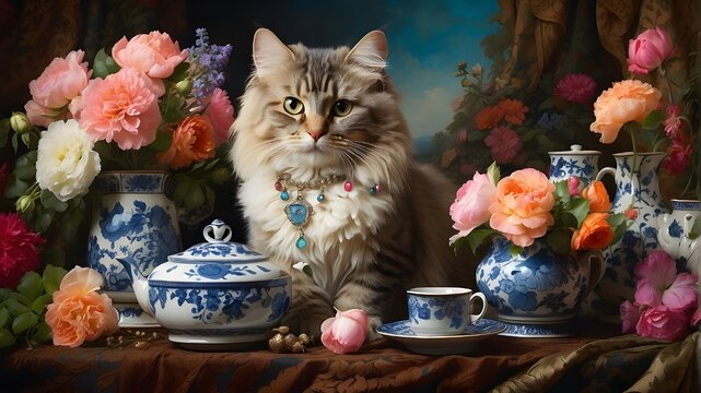 Traditional Still Life featuring a Cat and a Flower Display. A finely executed still life painting with a fluffy cat wearing a pendant, surrounded by vivid floral arrangements and antique crockery