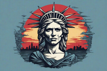 graphics of the head of the Statue of Liberty against the background of the US flag