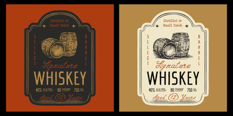 Whiskey label design, vintage retro style with barrel illustration