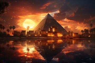 a pyramid is reflected in the water at sunset