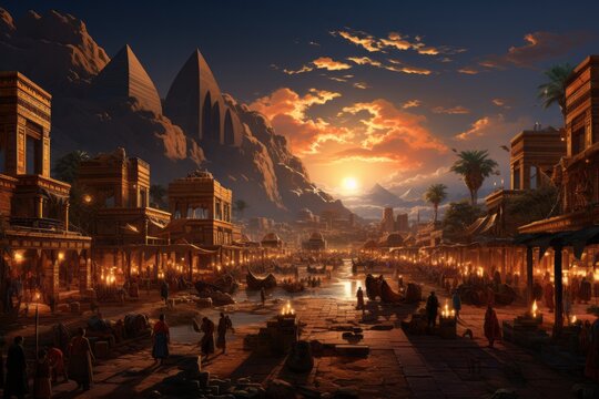 a painting of an ancient city at night with pyramids in the background
