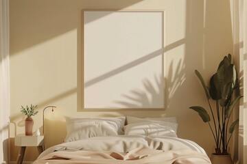 Morning sunlight filters through a bedroom, casting a shadow over a comfortable bed and highlighting a blank wall frame, flanked by lush houseplants, creating a peaceful retreat