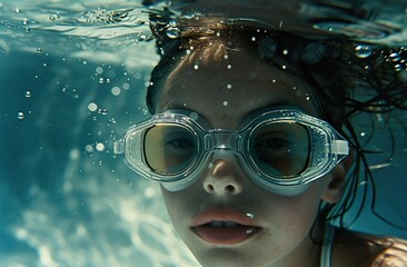 Fototapeta premium happy kid at swimming goggles have fun underwater, cheerful girl bathing in pool or sea