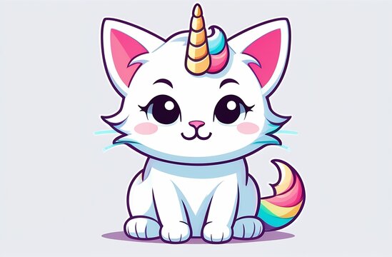 An adorable cartoon illustration of a unicorn kitten with a multicolored tail and horn, featuring big eyes and a cute expression