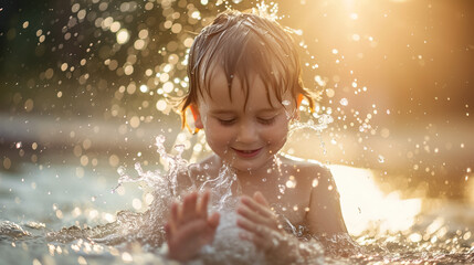 Fototapeta premium happy kid swimming and bathing in lake or river in summer at sunset, joyful child splashing water