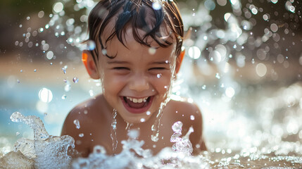 Obraz premium happy kid swimming and bathing in lake or river in summer at sunset, joyful child splashing water