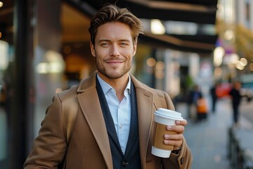 A content man, dressed in a coat, smiles as he stands outside a building, holding a warm cup of coffee on a chilly street - Powered by Adobe