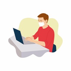Man work on laptop with masker illustration. 