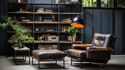 a room with a leather couch and a lamp