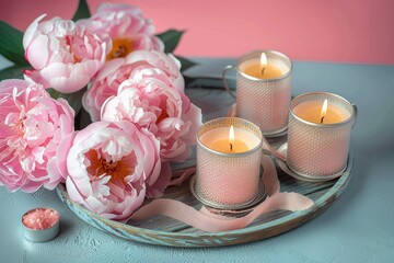 A beautiful centerpiece of pink flowers and flickering candles adorn a porcelain tray, creating a romantic and serene still life on an indoor table