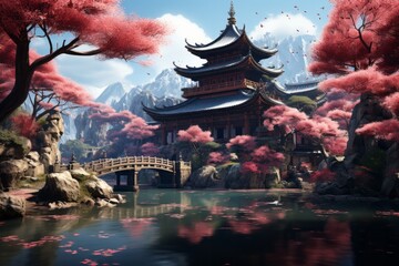 there is a pagoda in the middle of a lake surrounded by cherry blossom trees - Powered by Adobe