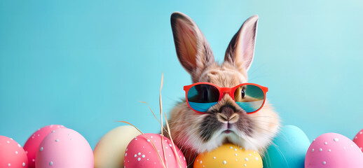 Fototapeta na wymiar Creative Easter concept. Cute brown fluffy rabbit bunny wearing red sunglass shades lying among pastels hand painted eggs on blue background. Template for product presentation. copy text space