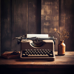 A vintage typewriter on a rustic wooden desk. - obrazy, fototapety, plakaty