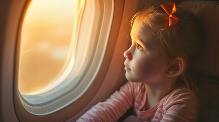 small kid sitting by airplane window during flight, cute girl travelling by airplane