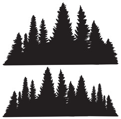 Set of hand drawn forest pine trees or fir trees silhouettes. Panorama view with treetops. Dark straight trees tranquil scene. Vintage trees and forest silhouettes monochrome conifer spruce horizontal