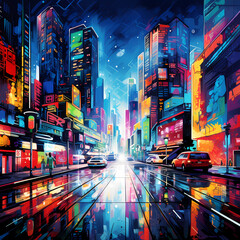 Abstract cityscape with neon lights.