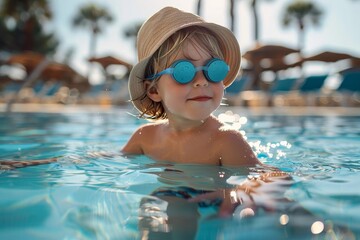 A young child splashes happily in the sun-kissed swimming pool, their face adorned with fashionable goggles and a cute sun hat, creating a picture of carefree joy and stylish fun in the outdoor leisu