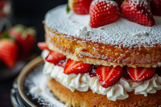 Close up of classic victoria sponge cake with cream and strawberry filling
